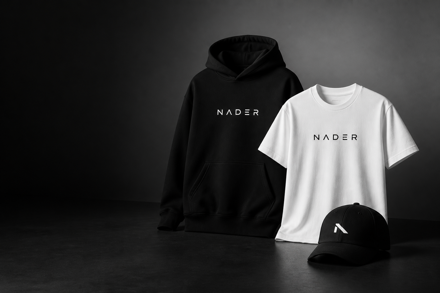 Nader black hoodie, white t-shirt, and black cap in a monochrome studio
